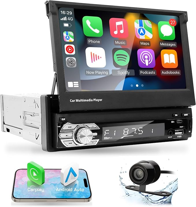 EZoneTronics Type-C&USB Single-Din-Carplay& Android-Auto-Car-Radio 7-inch Flip Out Touchscreen Bluetooth/Backup Camera//FM/RDS MP5 Player