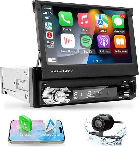 EZoneTronics Type-C&USB Single-Din-Carplay& Android-Auto-Car-Radio 7-inch Flip Out Touchscreen Bluetooth/Backup Camera//FM/RDS MP5 Player