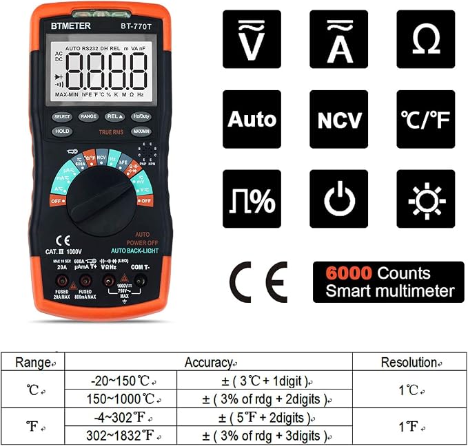 True RMS Digital Multimeter Tester 6000 Counts AC DC 20A Ohmmeter Voltmeter DMM Measure Voltage Current Amp Resistance Diodes Continuity Duty-Cycle Capacitance Temperature (BTMETER BT-770T)