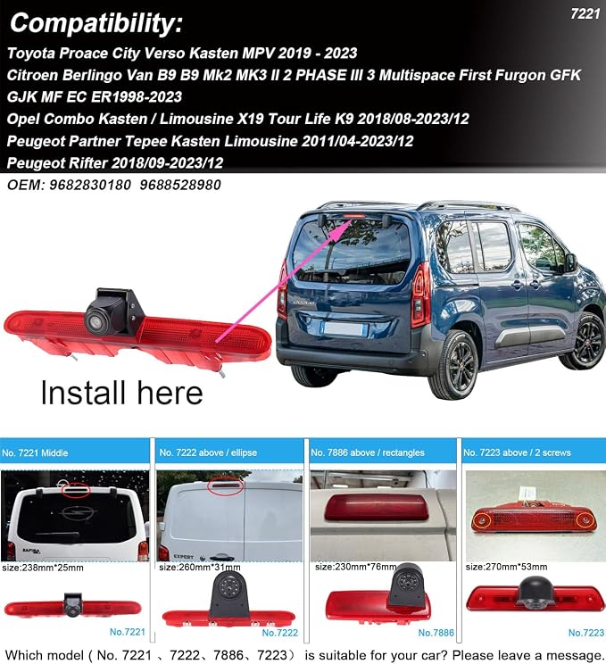 Car Brake Lamp Backup Camera Replacement for Toyota Proace City Verso Kasten Fiat Citroen Berlingo Opel Combo Limousine X19 Tour Peugeot Partner Tepee Limousine Life K9 Rifter+4.3" Reverse Mirror