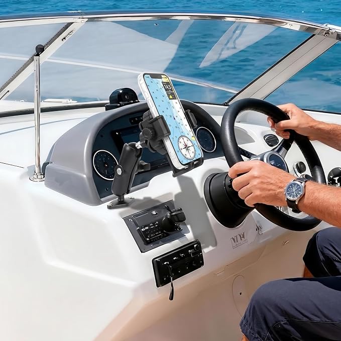 Heavy Duty Phone Mount Holder with Vibration Dampener for Boat Truck Car [Camera Friendly] [1s Lock & Release] [Aluminum Screw-Mounted AMPS Diamond Base & Medium Arm], Fits 4.7-7.2" Cell Phones