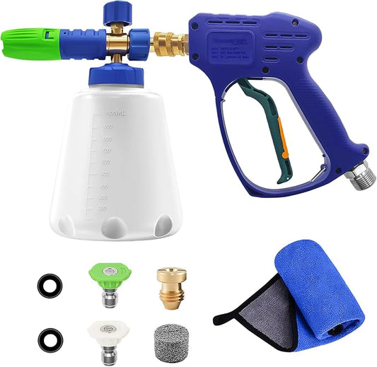 YeewayVeh Pressure Washer Gun and Foam Cannon Kit, 5000PSI Short Power Washer Gun with M22-14 Connector, 1/4 Inch Quick Foam Cannon Soap Sprayer with 2 Nozzles for Car Wash, Blue