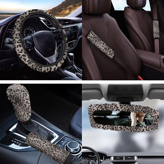Gray Leopard Print 11 Pack Car Seat Covers Full Set Car Front Seat Cover Auto Seat Belt Cover Rear View Mirror Cover Steering Wheel Cover for Car SUV Seat Protector