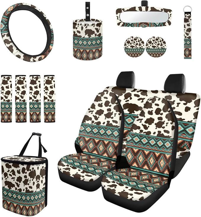 Aztec Brown Cow Print Car Seat Covers Set of 15 with Universal Steering Wheel Cover, Rearview Mirror Cover, Car Trash Can, Seatbelt Pads, Cup Holder Coasters, Keychains