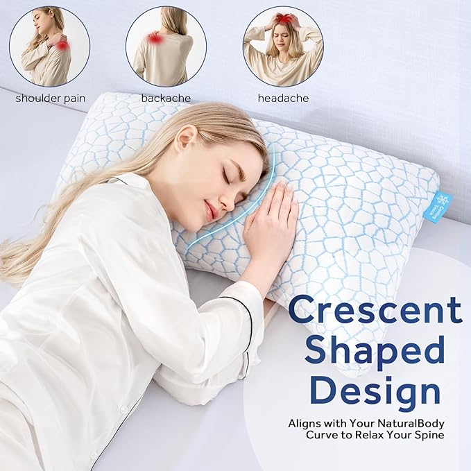 King Cooling Side sleeper pillow for adults, Curved neck support pillow for neck and shoulder pain Relief, Adjustable Shredded Memory Foam Bed Pillow 1 Pack with Additional Foam Fill Included (White)