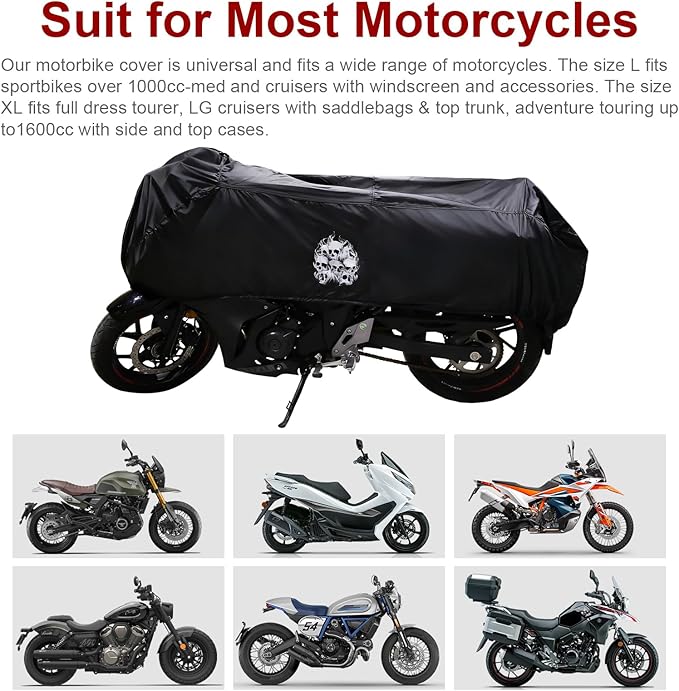 Dream Apparel Motorcycle Half Cover, Waterproof Motorcycle Cover for Outdoor, Rain Snow Dust Protection Universal Fit Heavy Duty Motorbike Vehicle Cover with Storage Bag, Black with Skull L