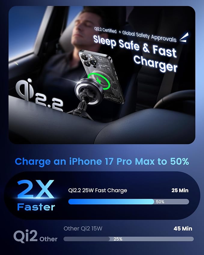 Qi2.2 25W Wireless Car Charger Magnetic Phone Holder Mount for Magsafe with Cooler for Air Vent, Wireless Fast Charger 25W for iPhone 16-17 Series with iOS 26,15W for iPhone 12-15 (Grey)