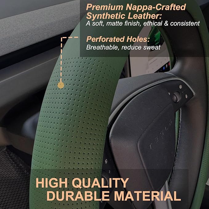 PINCTROT Nappa Leather Steering Wheel Cover for Tesla Model Y/3 Highland/Juniper, D Shaped 14 Inch Small Sized with Breathable Perforation, Fit Like Gloves, Flat Bottom 14 Inch(Nappa Green)