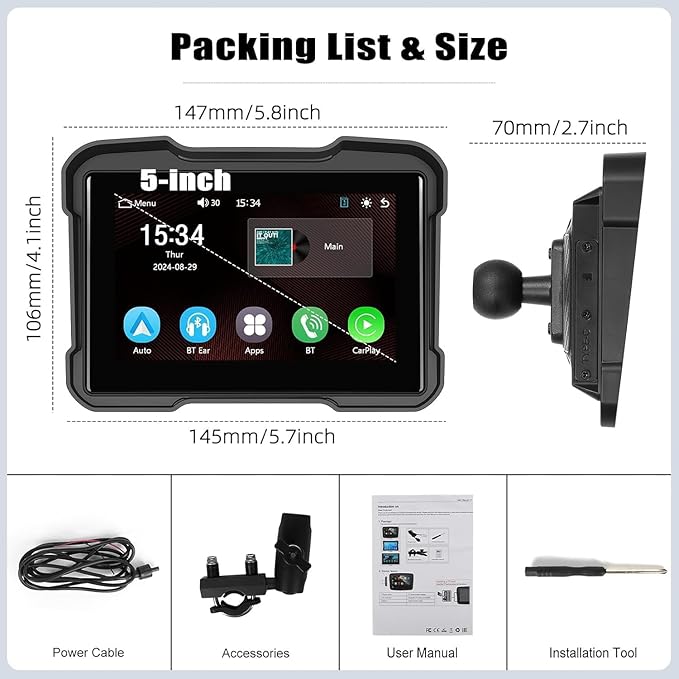 CAMECHO Motorcycle Wireless CarPlay & Android Auto Screen, 5" Waterproof AHD for Moto Motorbike Touchscreen Car Stereo Support Bluetooth, GPS, Siri, USB TF EQ 12V