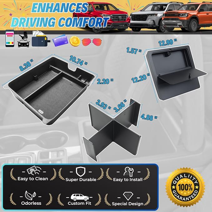 3Pcs Center Console Organizer Set for 2024-2026 Honda Passport/Ridgeline/2023-2026 Honda Pilot Interior Accessories Console Divider & Armrest Hidden Compartment Storage Box