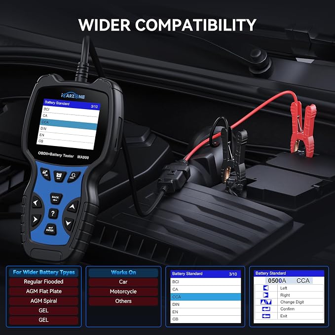 MA900 OBD2 Scanner + Battery Tester 2 in 1,Code Reader Check Engine Diagnostic Scan Tool, 6V-12V-24V 100-2000CCA Battery Test Tool with Charging & Cranking Test for All Car, Motorcycle, Yacht