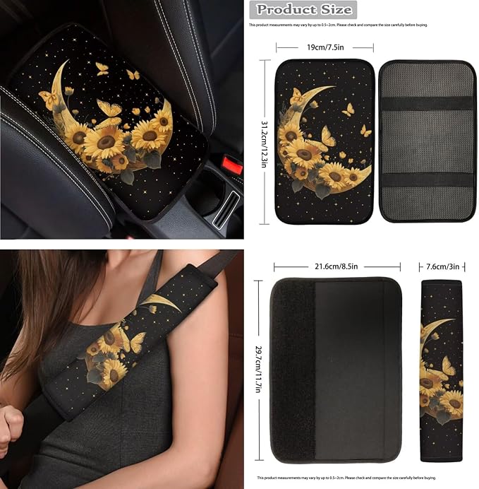 Gold Moon Sunflower Butterfly Car Seat Covers Full Set 15 Pcs Universal Car Accessories Steering Wheel Cover Seat Belt Pads Garbage Bag Car Headrest Pillow Covers Armrest Pad
