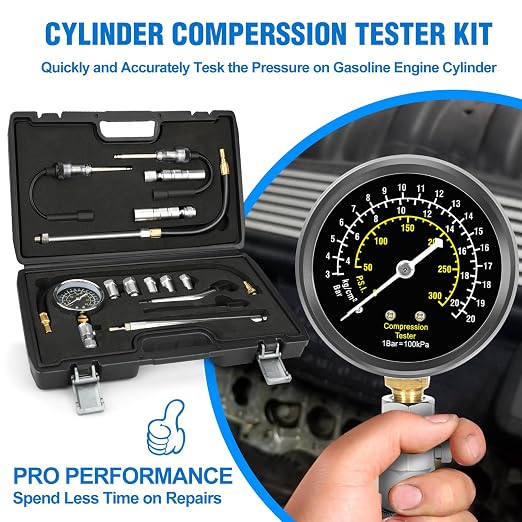 BETOOLL 15pcs Compression Tester with Spark Plug Tester & 14mm&16mm Magnetic Swivel Spark Plug Socket - 300PSI Engine Cylinder Compression Gauge Automotive Tool