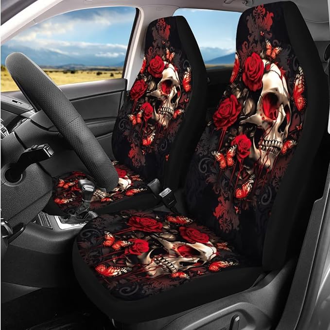 Bulopur Floral Skull Red Rose Car Seat Covers Full Set with Vehicle Armrest Cushion Easy Install Auto Seat Belt Shoulder Strap Covers 15 Inch Steering Wheel Cover Coasters Car Interior Accessories