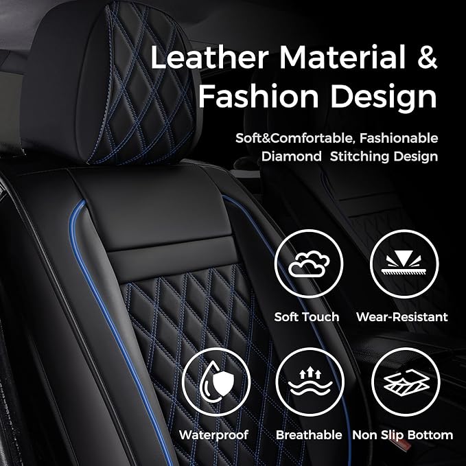 Huidasource Car Seat Covers, Car Seat Protector 5 Seats, Full-Cover Leather Car Seat Cushion Waterproof, Airbag Compatible, Universal Fit for Most Cars,Vans,Trucks, SUVs (Full Set/Black&Blue)