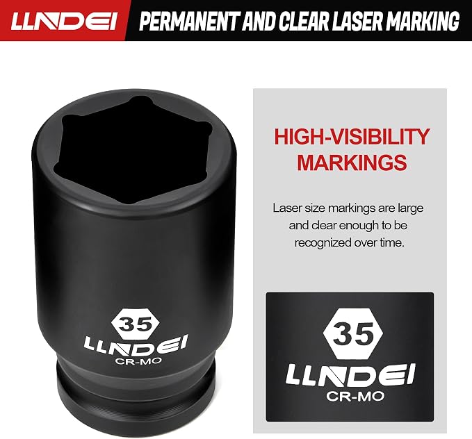 LLNDEI 3/4 inch Drive Impact Socket Set, 12 Piece Heavy Duty CR-MO Deep/Jumbo Sockets 6 Point Design, SAE 3/4" to 1-9/16", for Large Vehicle and Apparatus Maintenance