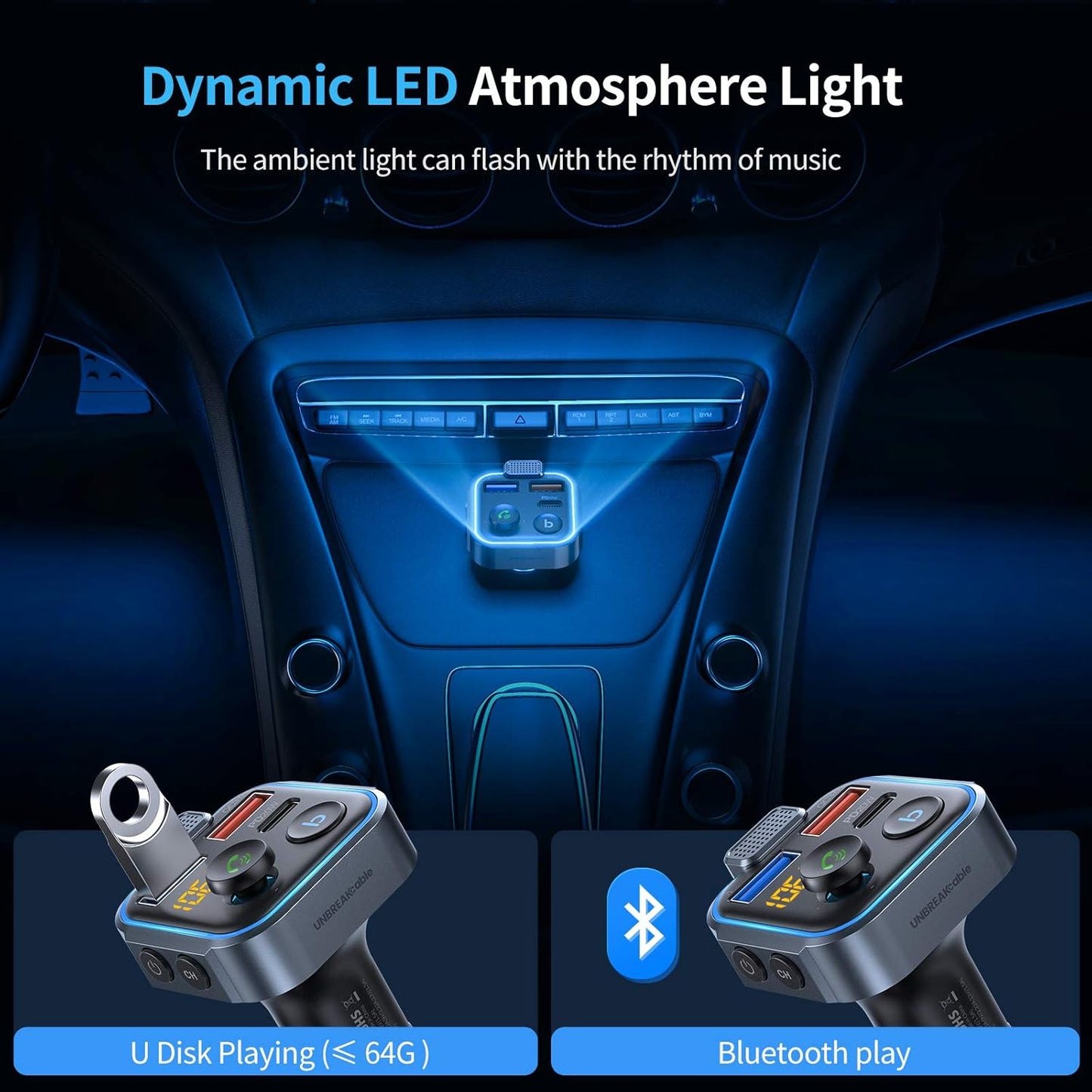 UNBREAKcable Bluetooth 5.3 FM Transmitter for Car, [PD 20W + QC 3.0] [Stronger Microphone & HiFi Bass Sound] Cigarette Lighter Radio Music Adapter Charger, Supports Hands-Free Siri Google Assistant