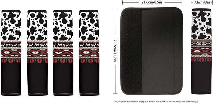 Aztec Cow Print Car Seat Cover Full Set with Steering Wheel Cover, Shoulder Pads, Aztec Auto Seat Covers Cow Car Accessories Universal Fit for Most Cars, Black