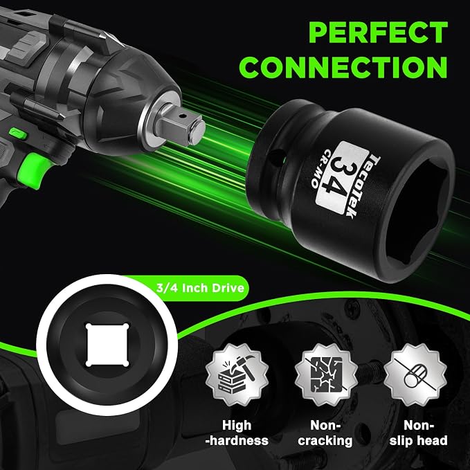 TecoTek 3/4" Drive Shallow 6-Point Impact Socket Set, 15-Piece Heavy Duty Impact Socket Set, CR-MO, Metric (17mm to 55mm), Enhanced Storage Case