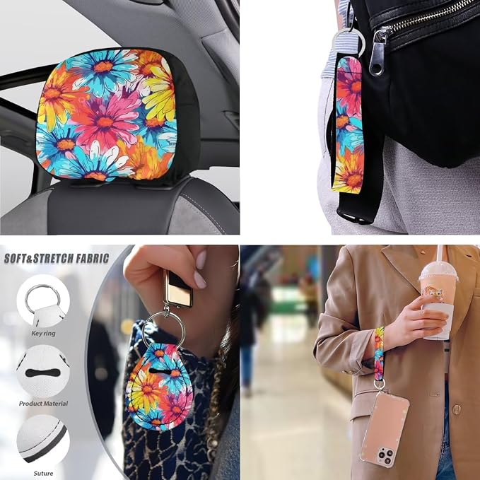 Boho Cosmos 13 Piece Car Seat Covers Hippy Rainbow Cosmos Flower Painting Steering Wheel Cover Pink Gradient Daisy Flower Cup Coasters Seat Belt Pads Cover