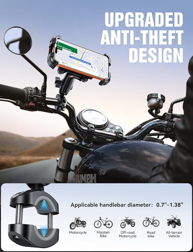 JOYROOM Motorcycle Phone Mount Holder - [Dual Vibration Dampener]100mph Anti-Shock Phone Holder for Motorcycle [Metal Extension Handlebar Clamp] Bicycle Bike Phone Holder Mount for 4.7-7" Cell Phones
