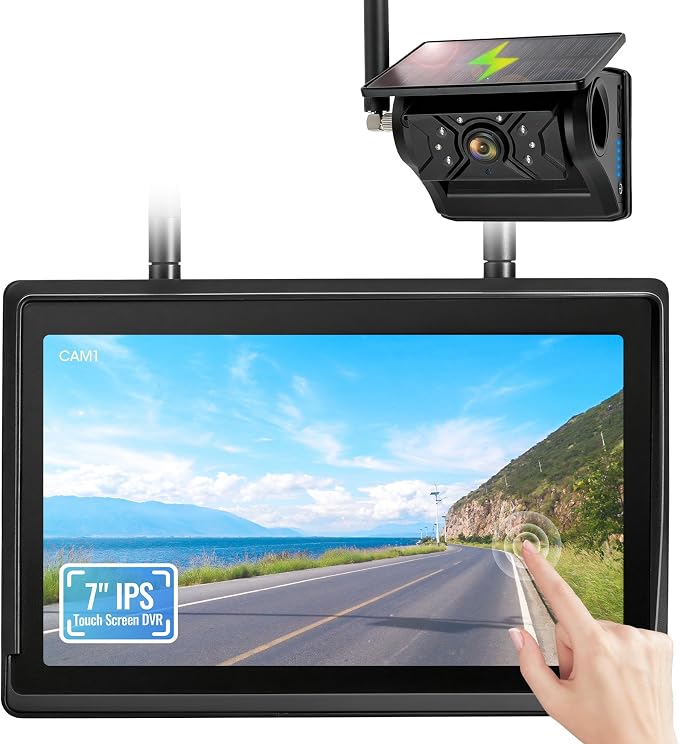 Magnetic Solar Wireless Backup Camera System, 7" IPS Touchscreen with DVR, Rechargeable IR Night Vision Rear View Camera, Zero Wiring RV Camera for Hitching Trailers/Fifth Wheels/Campers, AH7
