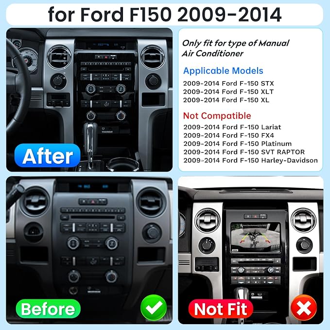 [8Core 4G+64G] Car Radio for Ford F150 2009-2014: 9" 1280 * 800 HD Touchscreen Stereo with Wireless Carplay Android Auto 5G WiFi GPS Bluetooth FM AM 36EQ DSP SWC 1080P Backup Camera