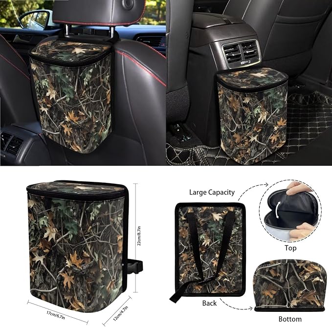 Hunting Camo Print Full Set Car Seat Cover, Steering Wheel Cover, Mirror Cover, Seat Belt Cover, Trash Can, Keychain, Coasters, 15pcs Car Interior Decoration
