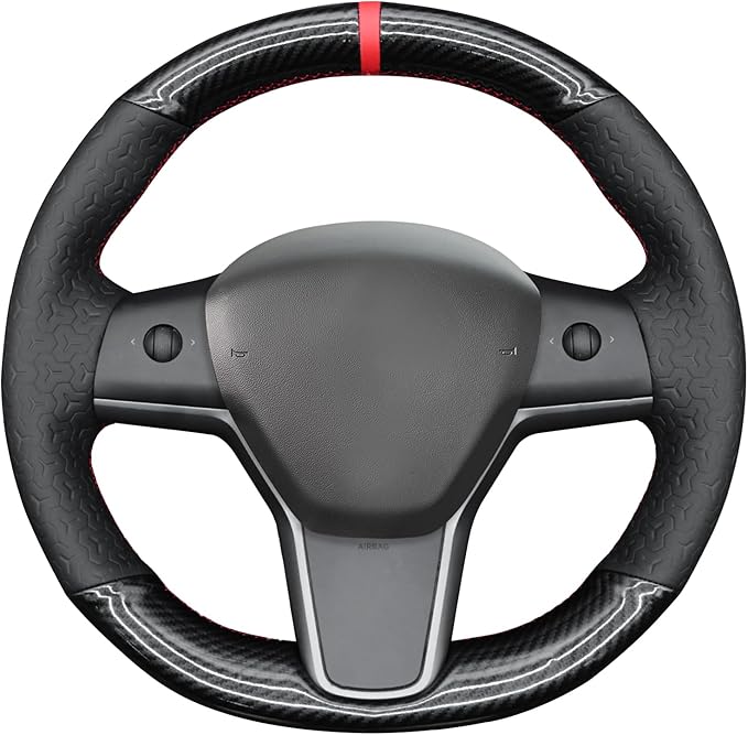 MEWANT DIY Shiny PU Carbon Fiber Geom Embossed Faux Leather Steering Wheel Cover for Tesla Model Y 2023 Model 3 2023