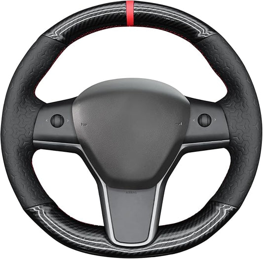 MEWANT DIY Shiny PU Carbon Fiber Geom Embossed Faux Leather Steering Wheel Cover for Tesla Model Y 2023 Model 3 2023