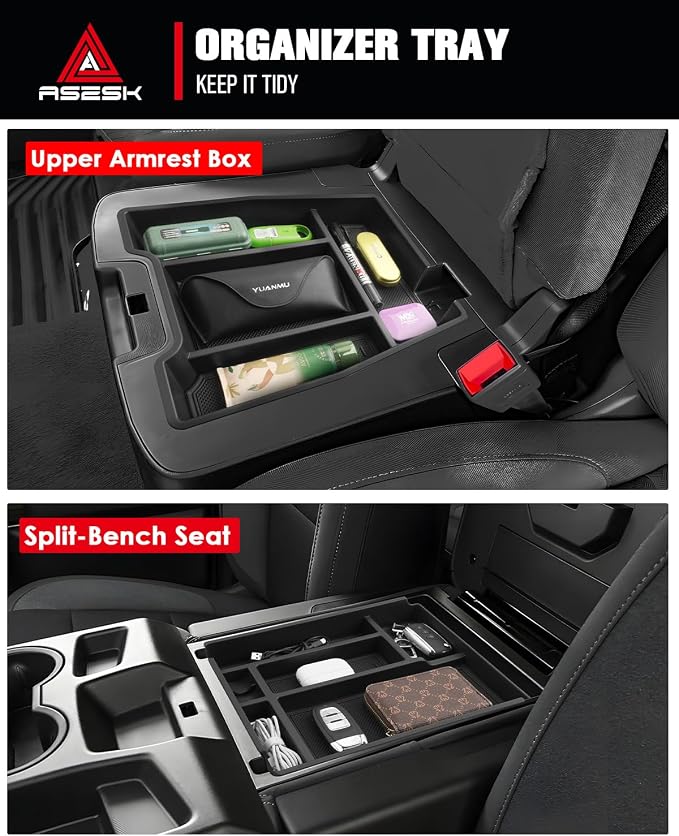 For 2019-2026 Chevy Silverado/Sierra 1500& 2020-2026 Silverado 2500HD 3500HD (Split-Bench Folding Seat) 2PCS Center Console Organizer - Upper&Lower Armrest Organizer ABS Materials ABS Materials