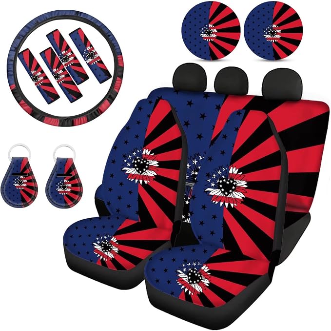 Howilath American Flag Sunflower July of 4Th Print Universal 13 Pieces Car Accessories Set Auto Seat Covers Full Set,Steering Wheel Covers,Seatbelt Pads,Coasters,Keyrings,Interior Vehicle Decor