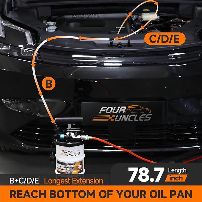 FOUR UNCLES Oil Extractor - Vacumm Fluid Extractor with Pump Tank Remover & Tubes for Oil Change and a Hose for Brake Bleeding