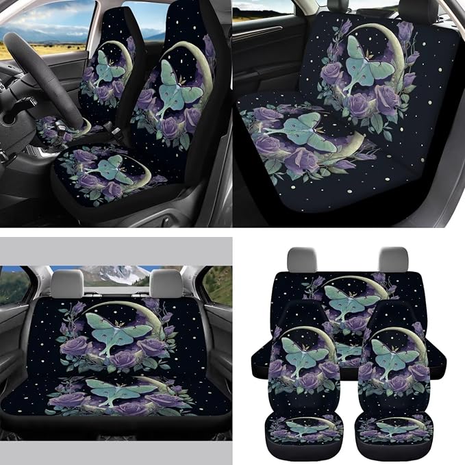 15 Pcs Moon Moth Auto Interior Accessories Car Seat Covers with Auto Steering Wheel Cover Seat Belt Covers Car Trash Can View Mirror Cover Coaster Keychains