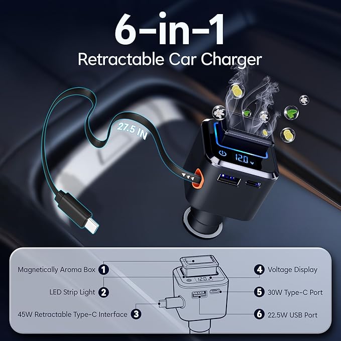 Retractable Car Charger, 6 in 1 Magnetic Cars Solid Aroma Diffuser with 97.5W USB C Fast Charging Car Phone Chargers Adapter, Voltage Display for iPhone 17 16 15 14 & Android—Shop Offers Scent Refills
