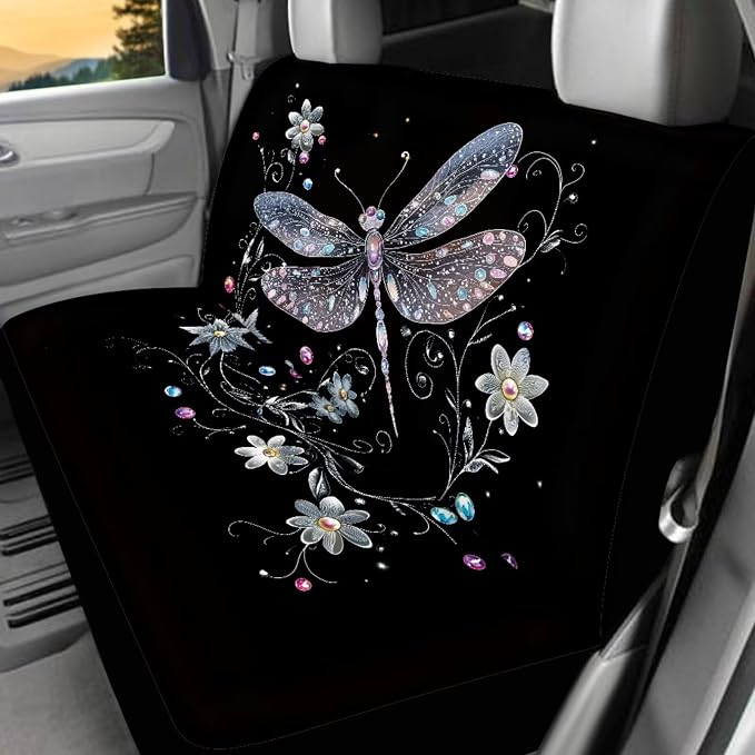 Dragonfly Car Accessories Set 17 Pack Starry Sky Dragonfly Car Seat Covers Full Sets with Vehicle Front Rear Carpets Mats Seat Belt Shoulder Pad Steering Wheel Covers Car Interior Supplies