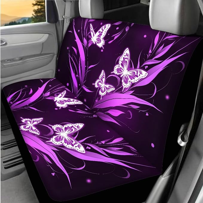8 Pcs Purple Butterfly Car Interior Accessories for Women, Car Seat Cover Full Set with Auto Steering Wheel Cover Auto Center Console Pad Seat Belt Covers