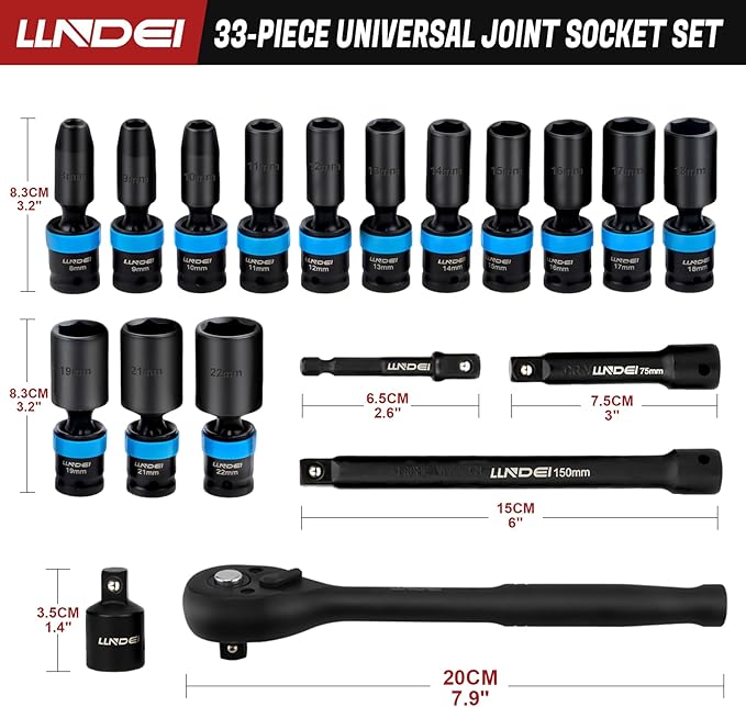LLNDEI 3/8" Drive Swivel Socket Set, 19PCS Deep Universal Impact Socket Set, Metric(8mm-22mm) Premiun Wobble Socket Set, CR-MO Steel,3"& 6" Extension Bar