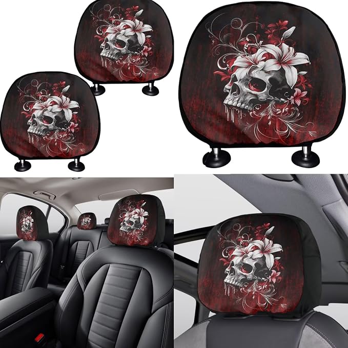 KEIAHUAN Gothic Skull Flower 11 Pcs Car Seat Cover Full Set Includes Shift Knob Handbrake Cover Steering Wheel Armrest Cover Headrest Covers Cup Coasters for Women