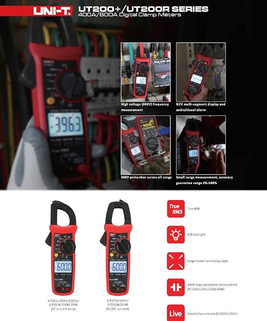 UNI-T UT204R Digital Clamp Meter True RMS 600A AC/DC Current Clamp, Measures Voltage Capacitance Resistance Frequency Temperature, CAT III 600V, Portable Compact Design