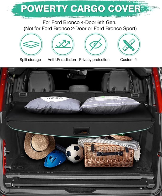 Powerty Retractable Cargo Cover for Ford Bronco Accessories 2025 2024 2023 2022 2021 4-Door Soft Hard Top, Rear Trunk Cargo Cover Security Shield Shade(Not for Bronco Sport & Bronco 2-Door)