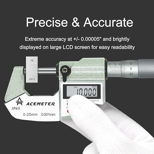 Digital Micrometer Precision Professional 0-1" (0-25mm) Range, 0.00005" (0.001mm) Resolution,Large Screen Digital Micrometer, Meets IP65 Specifications with Standard Ratchet Stop