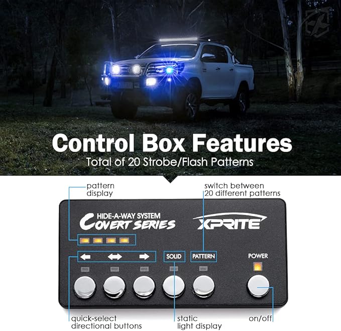 Xprite Blue LED Hideaway Strobe Police Lights Kit, 20 Flashing w/Control Panel Headlights Taillights Mounting, Hazard Warning for Emergency POV Vehicles Volunteer Cars Trucks SUV 6PCS