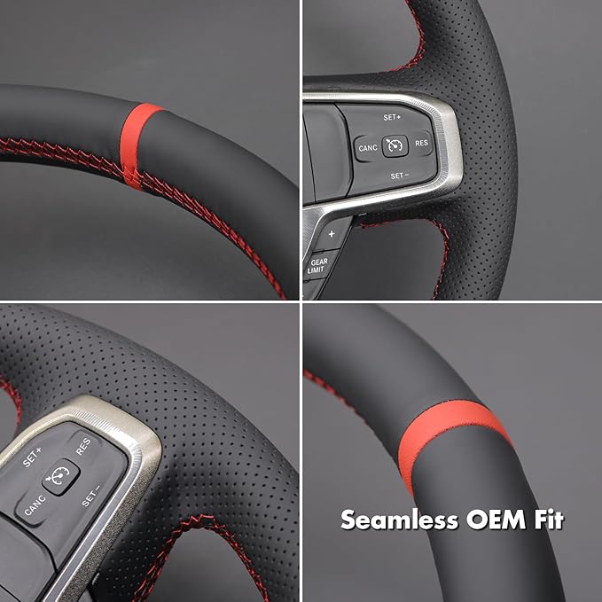 MEWANT Hand-Stitched Steering Wheel Cover Wrap for Dodge Ram 1500 2019-2023 Steering Wheel Accessories for Dodge Ram(Backsides Without Buttons)
