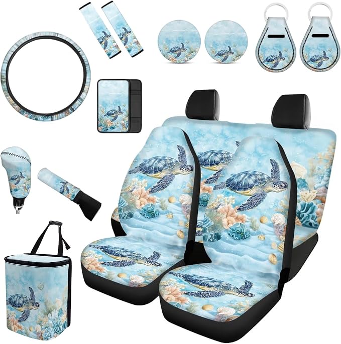 Forchrinse Underwater Turtle Shell Print Car Sea Covers for Front and Back,Elastic Steering Wheel Cover/Armrest Cushion/Seatbelt Cover/Car Coaster/Keychain/Handbrake Gear Shift Cover,15Pcs