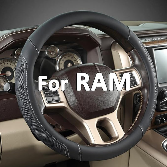 GIANT PANDA Car Steering Wheel Cover for RAM 1500 2500 3500, Compatible with Dodge RAM 15.5-16 inches - Black+Gray Line