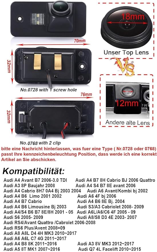 IP68 Waterproof HD Night Vision Wide Angle Reverse Rear View Backup Camera Replacement for Audi A3 S3 A4 S4 A5 A6 A6L S6 A8 Q7 A8L S6 Q5(Model 1=0728 with 1 Screw Hole)