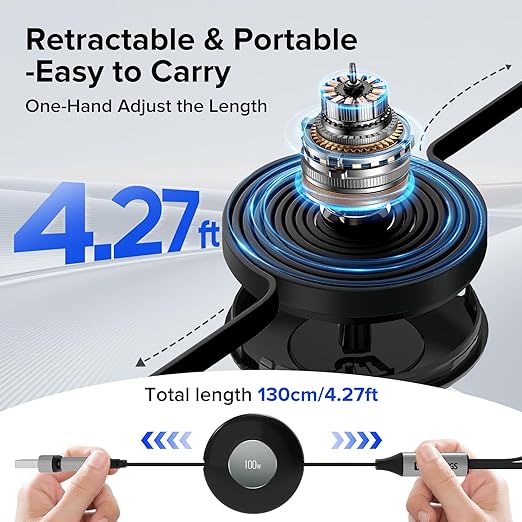 100W Retractable USB C Cable, 3 in 2 USB C Cable for Apple Watch Charger/iPhone 16 Charger,Multi Charging Cable Cord,Camping Essentials,Portable Designed for iWatch &iPhone 17-15-4.27FT