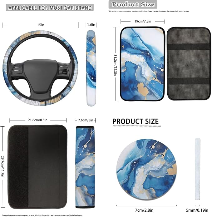 12 Pcs Blue Marble Automotive Seat Cover Interior Set with Marble Steering Wheel Cover Elastic,Cup Holder Coaster,Car Keychain,Seat Belt Cushion,Armrest Pad Universal Fit Cars