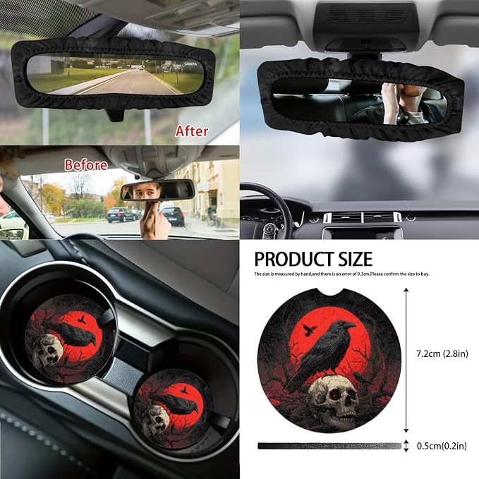 Crow Skull Print Full Set Car Seat Covers with Steering Wheel Cover Armrest Cushion Safety Belt Pads Car Rearview Mirror Cover Gear Shift Knob and Handbrake Covers Trash Bag
